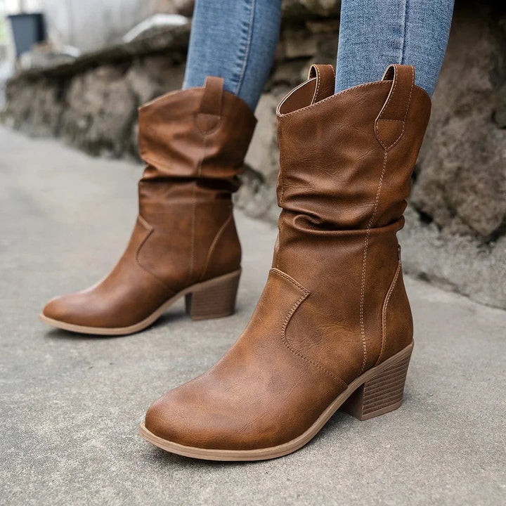 Silvana Women's Slouchy Western Mid-Calf Boots with Block Heel in Tan Brown