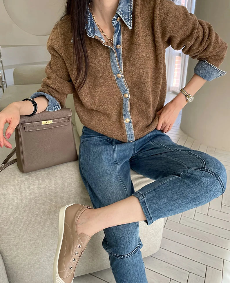 Sirena Denim Contrast Knit Cardigan with Button Front