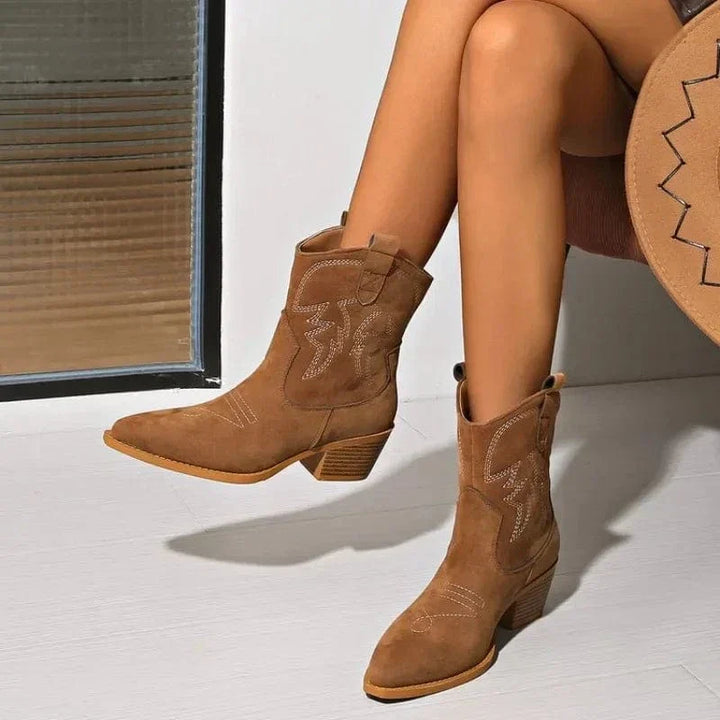 Sierra Belle Women's Tan Faux Suede Western Cowboy Ankle Boots with Embroidery