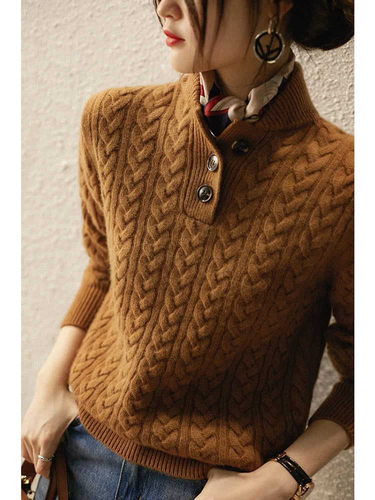 Clara | Cable Knit Button Neck Pullover Sweater for Women
