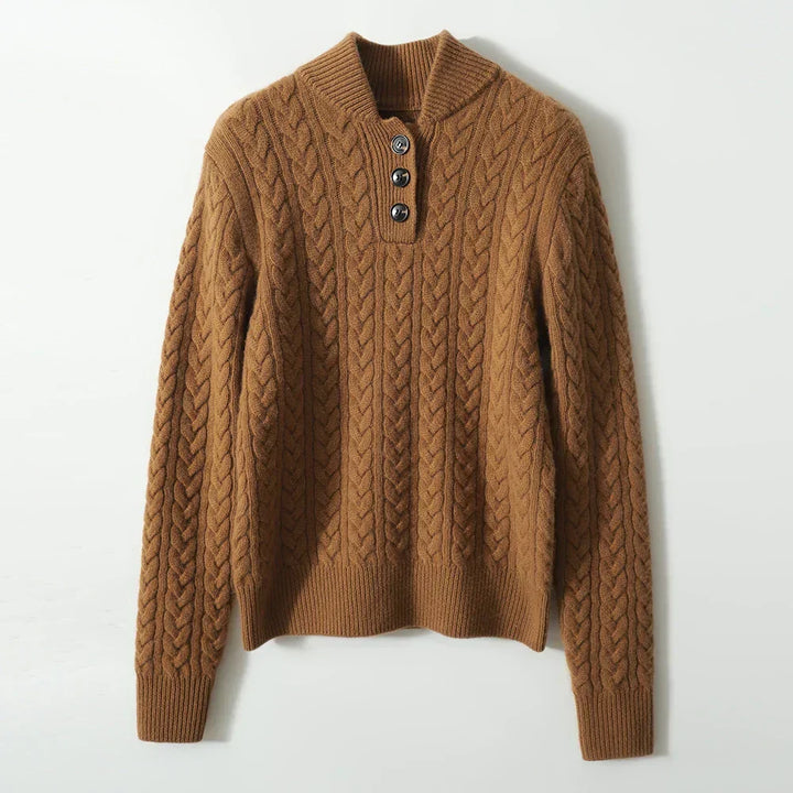Arden Women's Cable-Knit Button-Up Stand Collar Sweater in Camel Brown