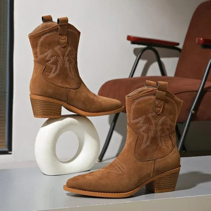 Sierra Belle Women's Tan Faux Suede Western Cowboy Ankle Boots with Embroidery