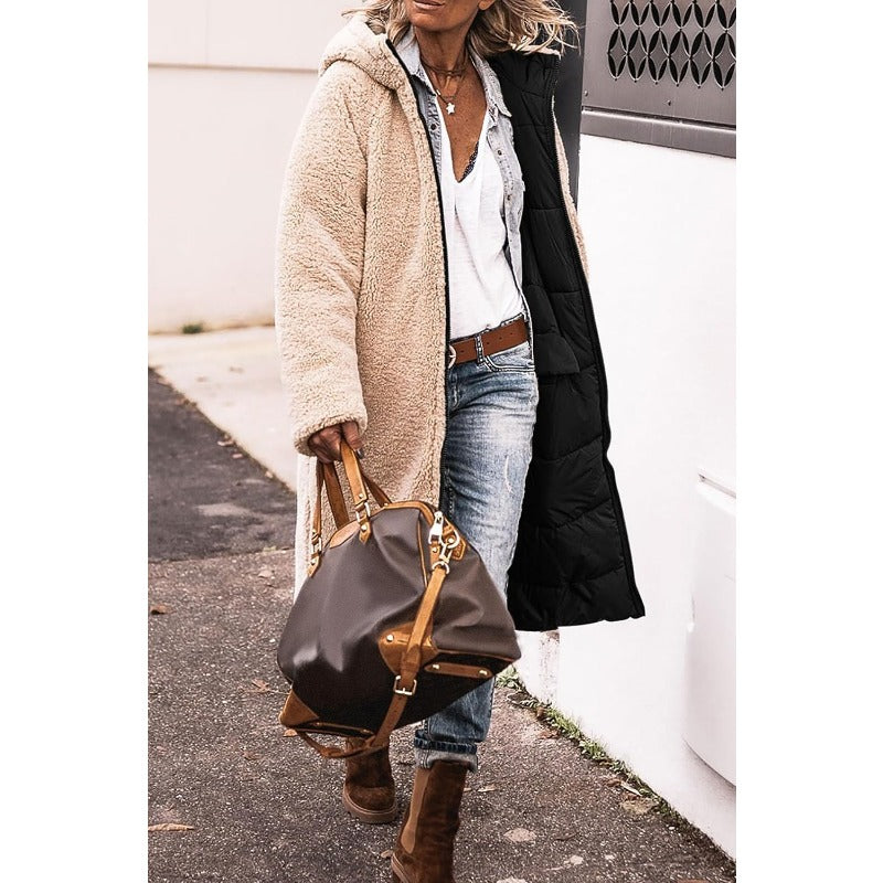 Women's Reversible Quilted Parka Coat with Sherpa Hood and Front Pockets