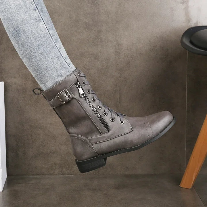 Women's Lace-Up Mid-Calf Combat Boots with Side Zipper and Buckle Detail