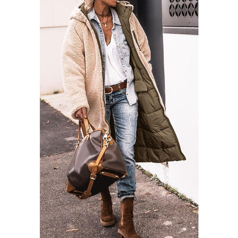 Women's Reversible Quilted Parka Coat with Sherpa Hood and Front Pockets