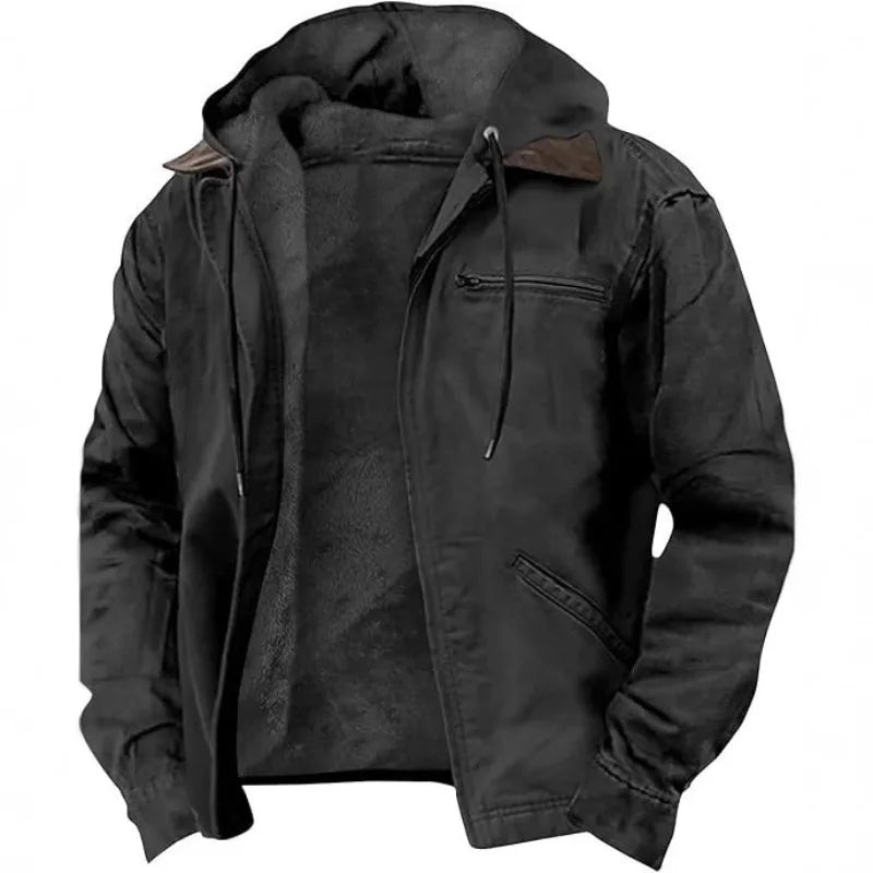 Men's Fleece-Lined Hooded Heavyweight Jacket with Full Zip and Utility Pockets