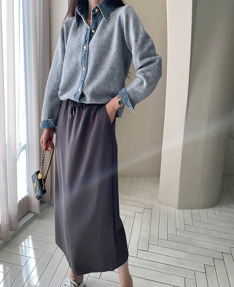 Sirena Denim Contrast Knit Cardigan with Button Front
