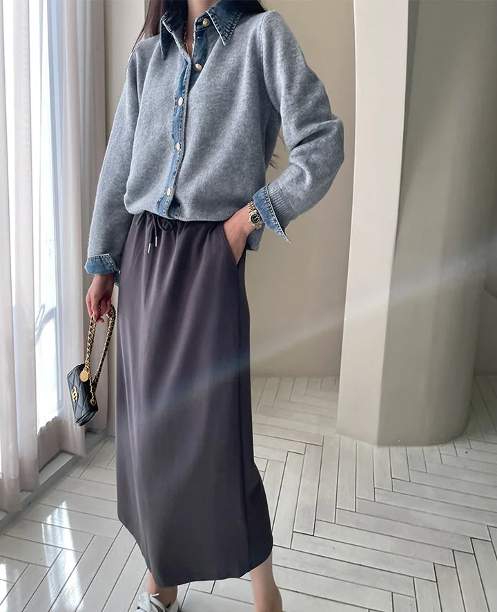 Sirena Denim Contrast Knit Cardigan with Button Front