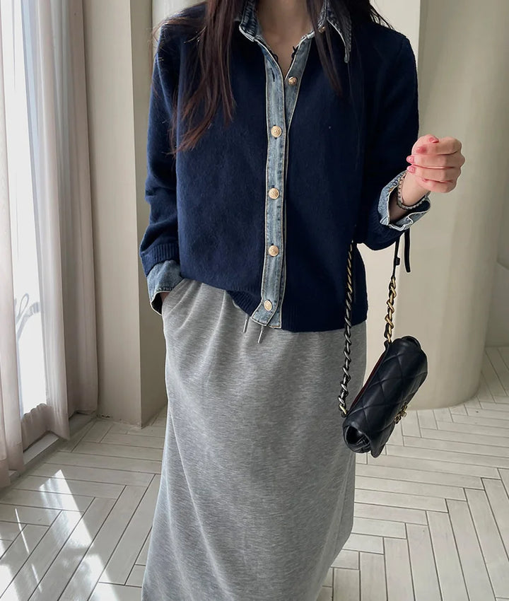 Sirena Denim Contrast Knit Cardigan with Button Front