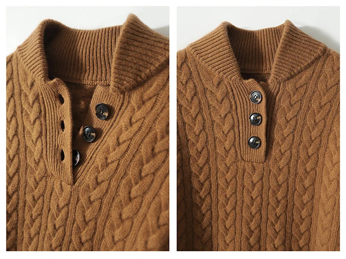 Arden Women's Cable-Knit Button-Up Stand Collar Sweater in Camel Brown