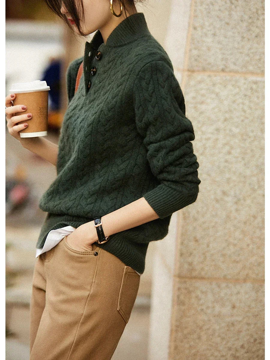 Arden Women's Cable-Knit Button-Up Stand Collar Sweater in Camel Brown