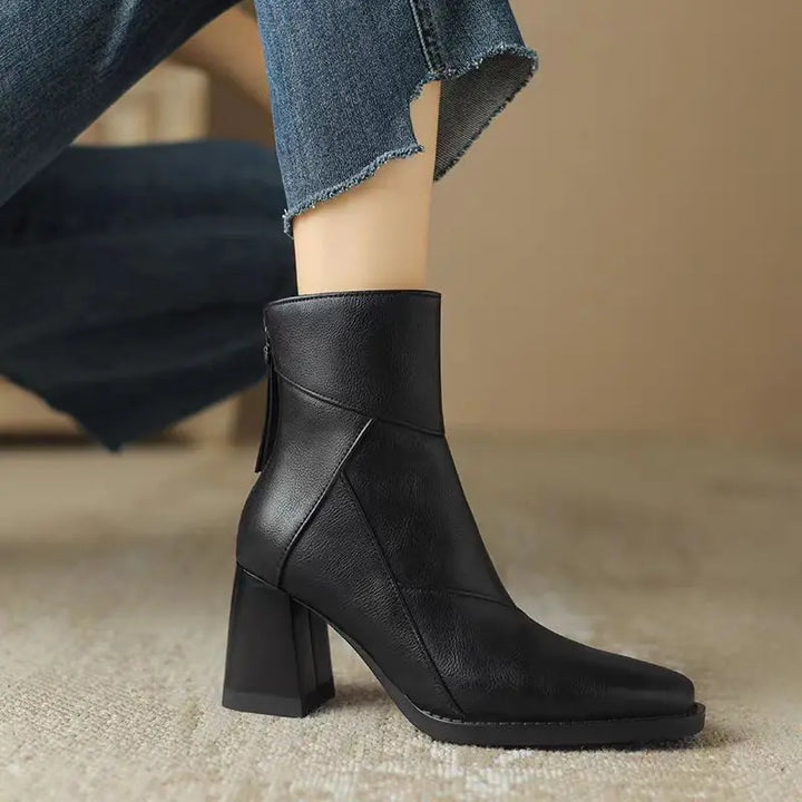 Meredith Women's Black Block Heel Ankle Boots with Square Toe