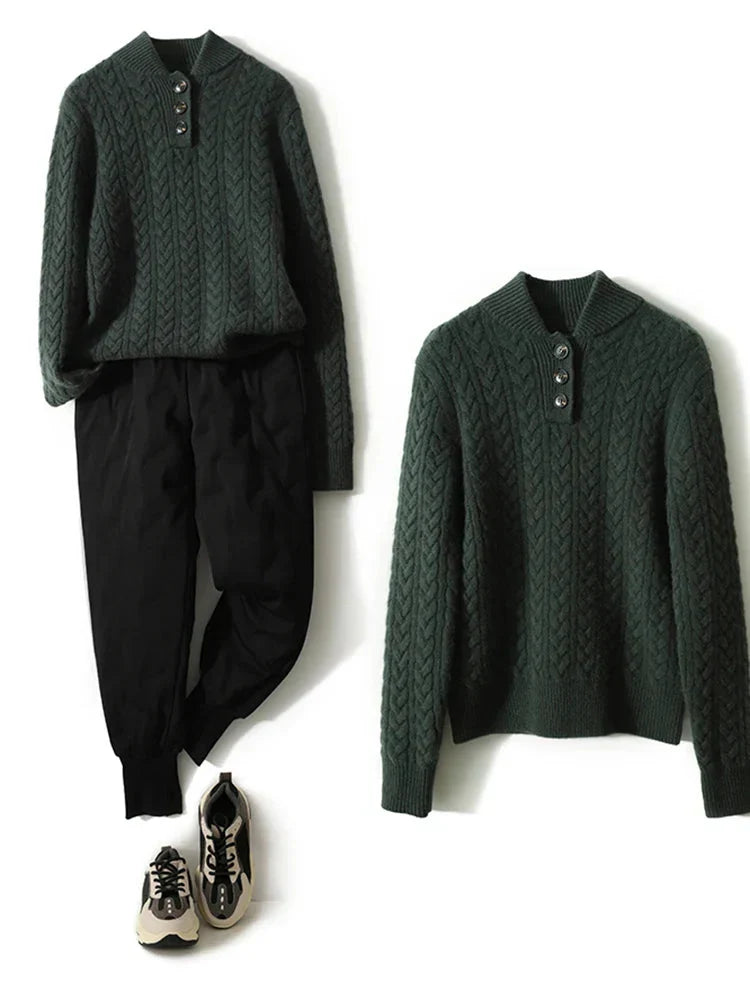 Clara | Cable Knit Button Neck Pullover Sweater for Women