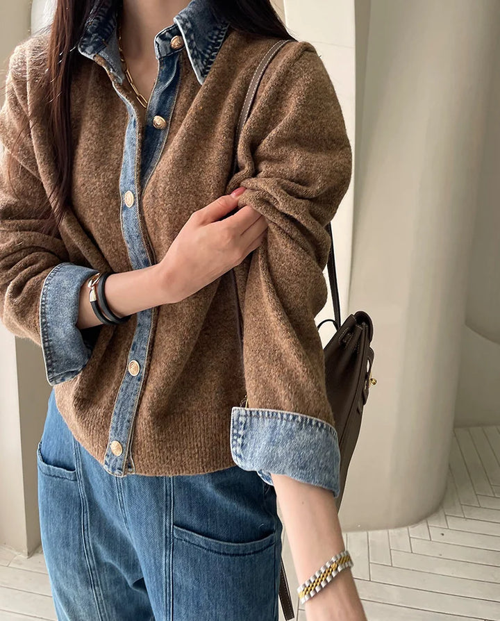 Sirena Denim Contrast Knit Cardigan with Button Front
