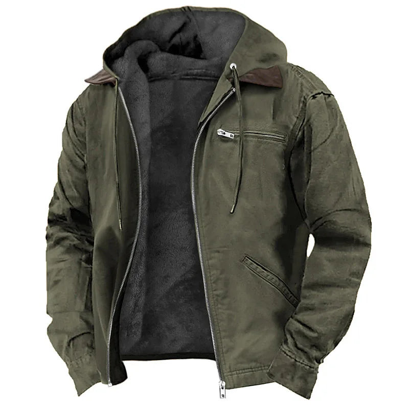 Men's Fleece-Lined Hooded Heavyweight Jacket with Full Zip and Utility Pockets