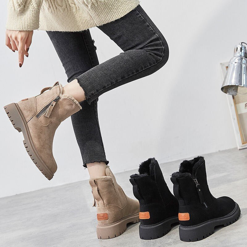 Women's Faux Suede Ankle Snow Boots with Fur Lining and Side Zip
