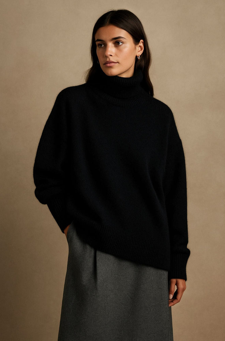 Women's Cashmere Turtleneck Sweater in Black - Oversized Fit