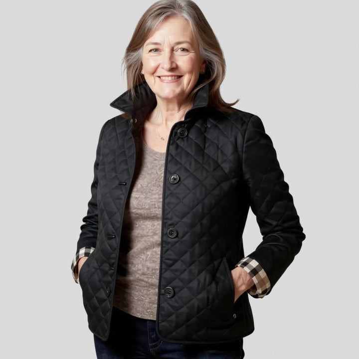 Women's Lightweight Quilted Jacket with Stand Collar and Plaid Cuff Lining