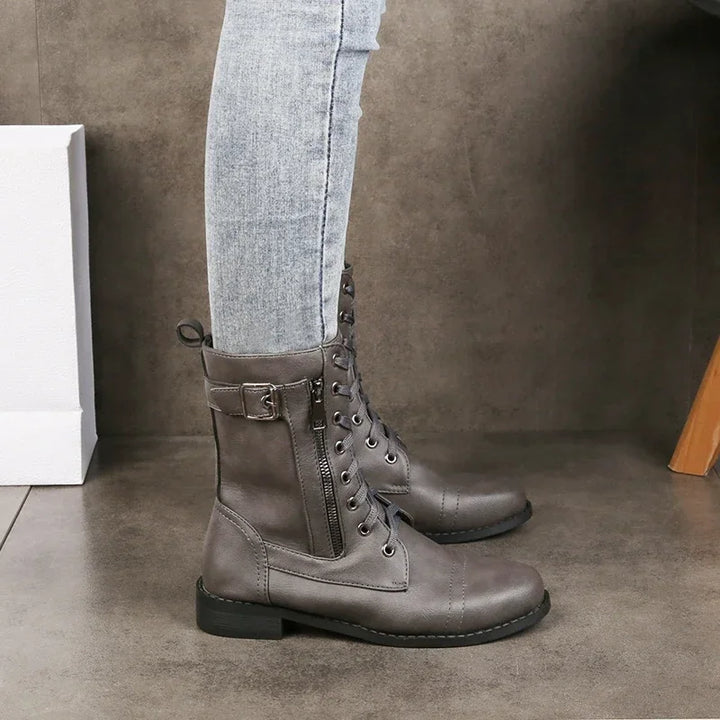 Women's Lace-Up Mid-Calf Combat Boots with Side Zipper and Buckle Detail