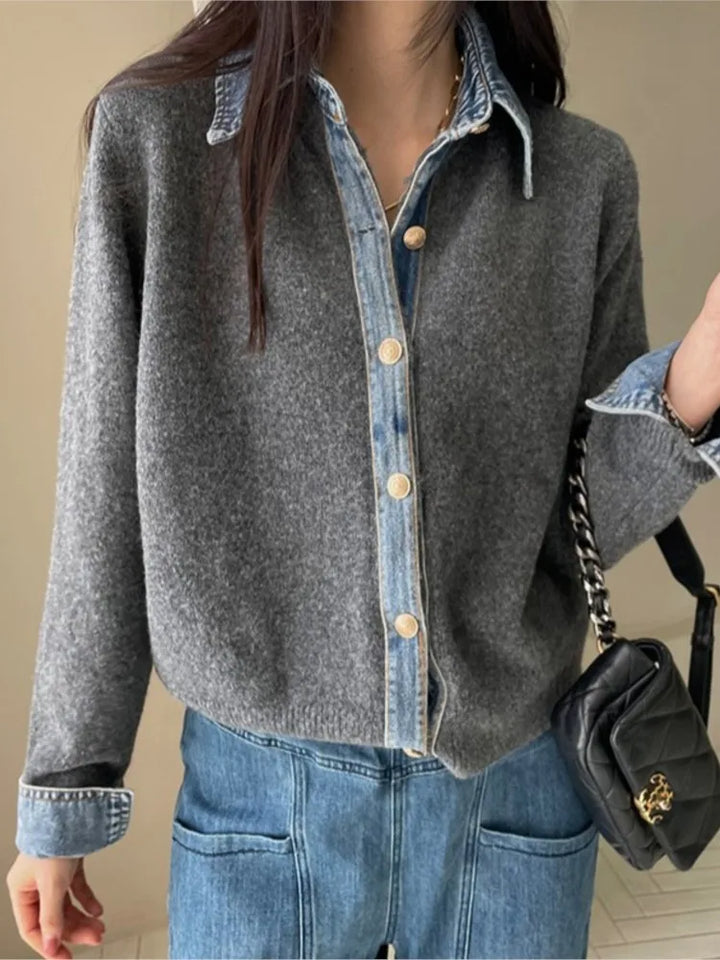 Sirena Denim Contrast Knit Cardigan with Button Front