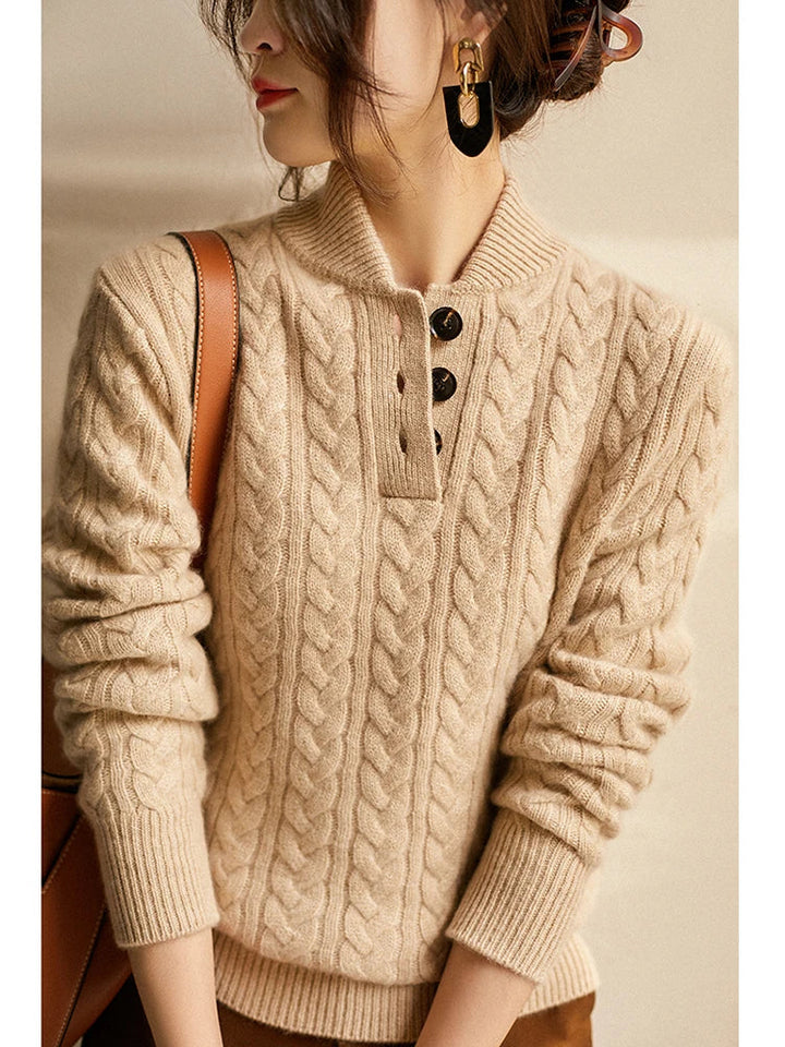 Arden Women's Cable-Knit Button-Up Stand Collar Sweater in Camel Brown