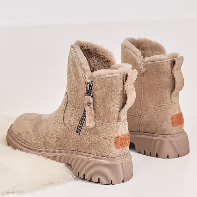 Women's Faux Suede Ankle Snow Boots with Fur Lining and Side Zip