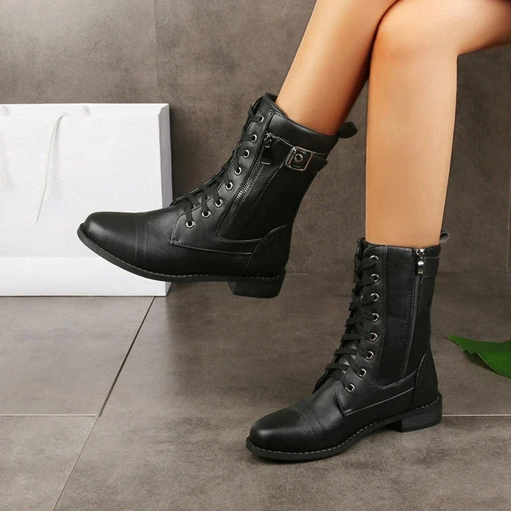 Women's Lace-Up Mid-Calf Combat Boots with Side Zipper and Buckle Detail