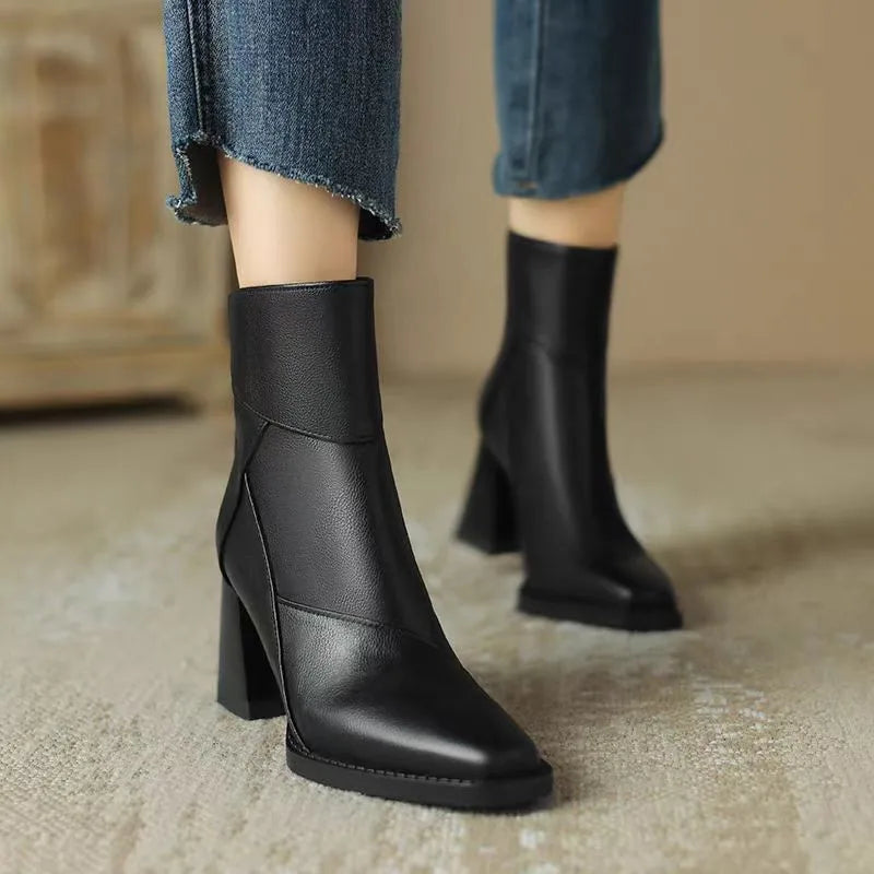 Meredith Women's Black Block Heel Ankle Boots with Square Toe