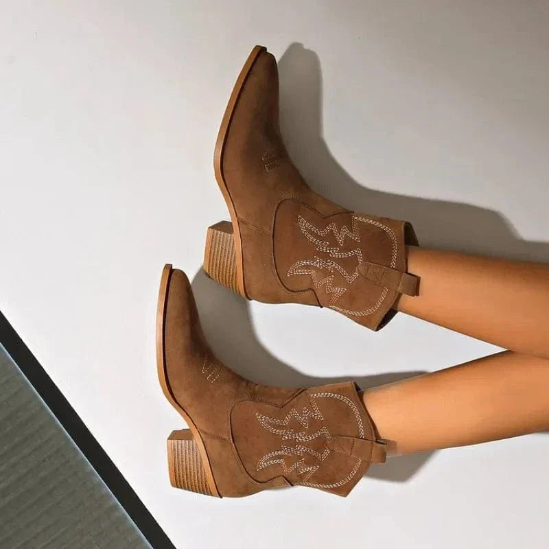 Sierra Belle Women's Tan Faux Suede Western Cowboy Ankle Boots with Embroidery