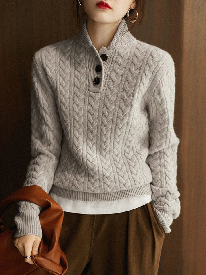 Arden Women's Cable-Knit Button-Up Stand Collar Sweater in Camel Brown