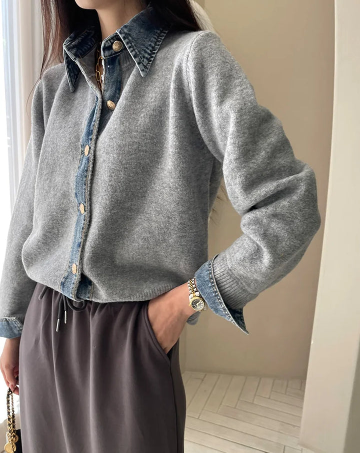 Sirena Denim Contrast Knit Cardigan with Button Front