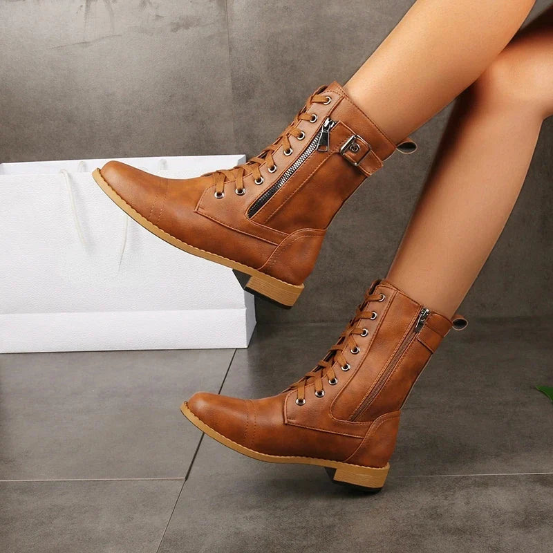 Women's Lace-Up Mid-Calf Combat Boots with Side Zipper and Buckle Detail