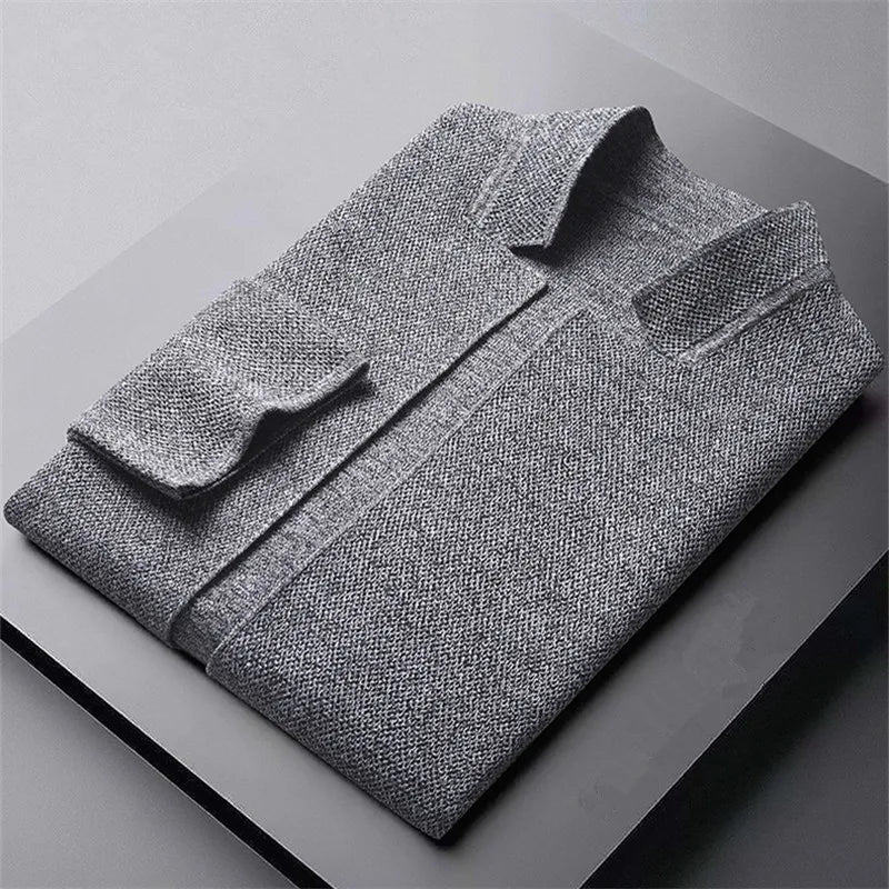 Men's Knitted Cardigan Jacket with Stand Collar and Button Front in Gray