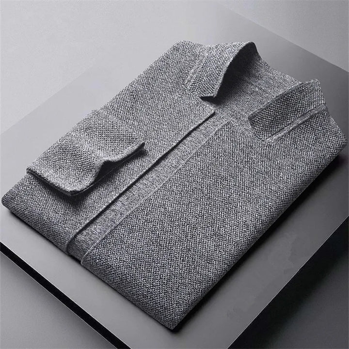 Men's Knitted Cardigan Jacket with Stand Collar and Button Front in Gray