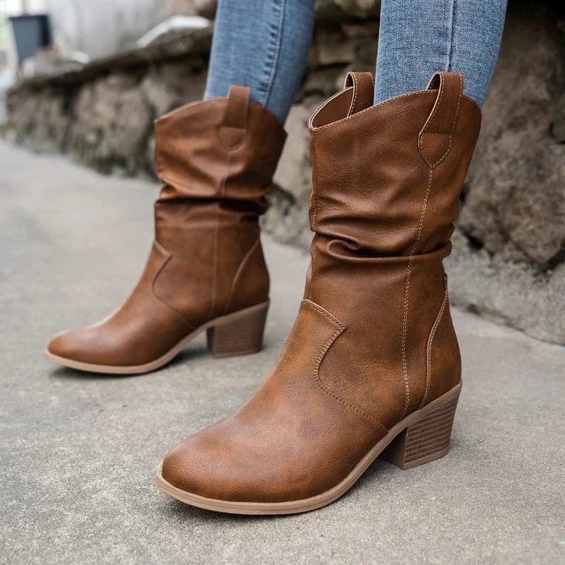 Silvana Women's Slouchy Western Mid-Calf Boots with Block Heel in Tan Brown