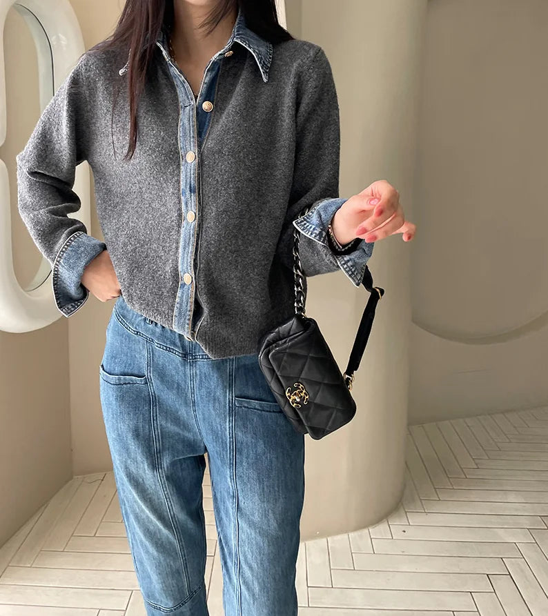 Sirena Denim Contrast Knit Cardigan with Button Front