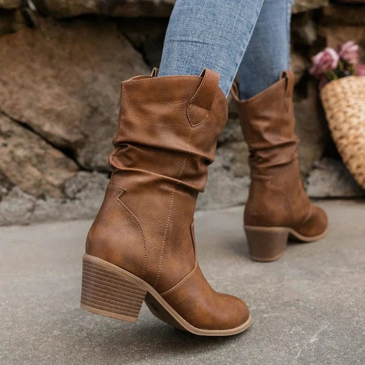 Silvana Women's Slouchy Western Mid-Calf Boots with Block Heel in Tan Brown