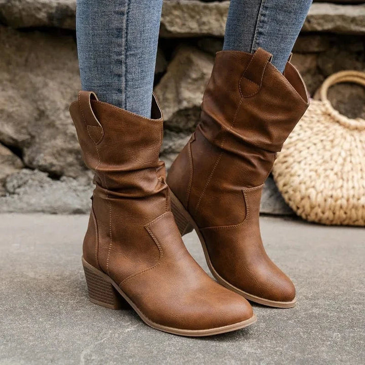 Silvana Women's Slouchy Western Mid-Calf Boots with Block Heel in Tan Brown
