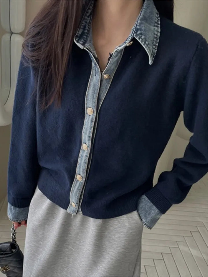 Sirena Denim Contrast Knit Cardigan with Button Front