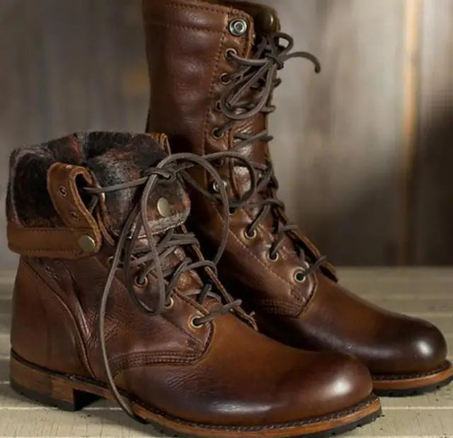 Women's Lace-Up Leather Combat Boots with Fold-Down Cuff and Block Heel