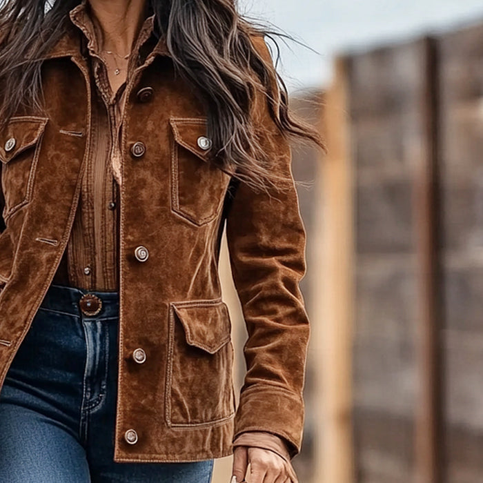 Women's Western Button-Front Suede Jacket in Warm Brown
