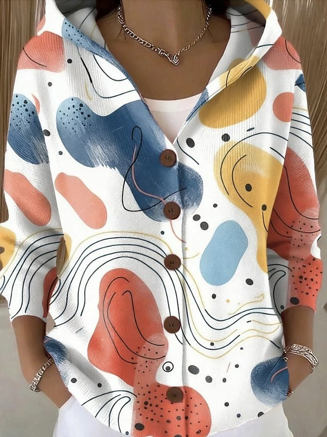 Women's Multicolor Abstract Print Button-Front Hooded Cardigan