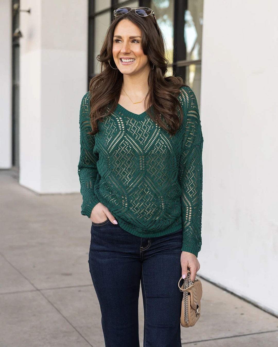 V-Neck Pointelle Open Knit Sweater in Jade Green
