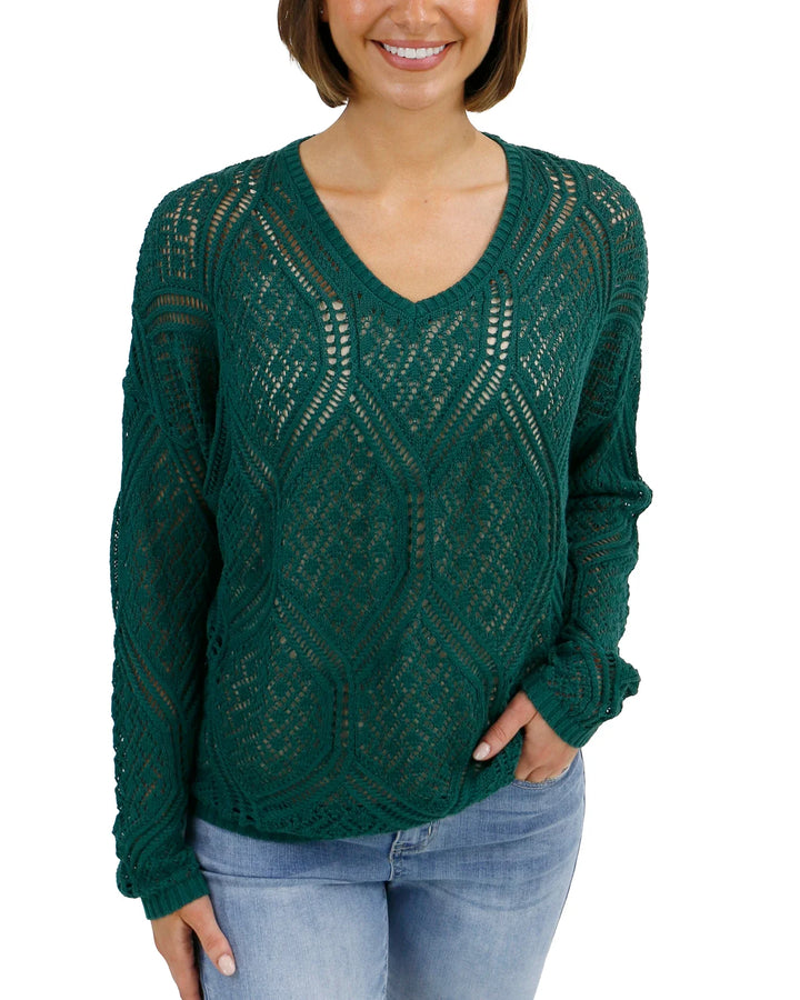 V-Neck Pointelle Open Knit Sweater in Jade Green