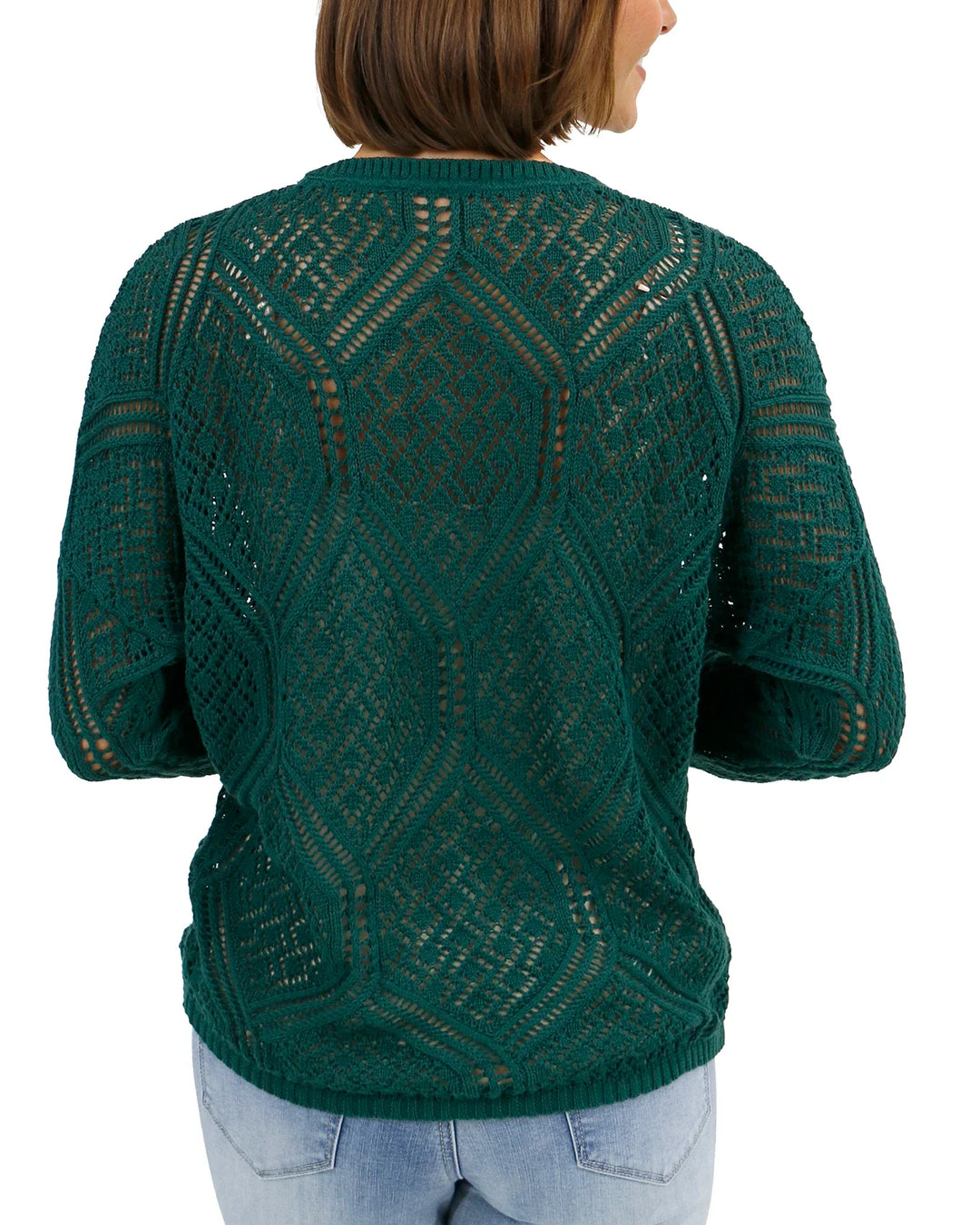 V-Neck Pointelle Open Knit Sweater in Jade Green
