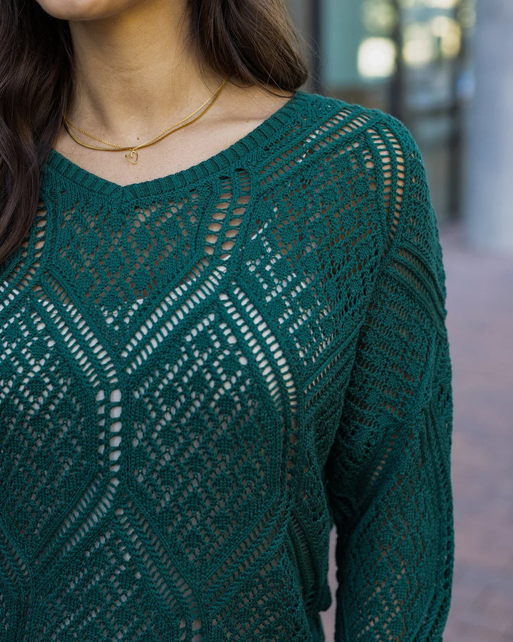 V-Neck Pointelle Open Knit Sweater in Jade Green