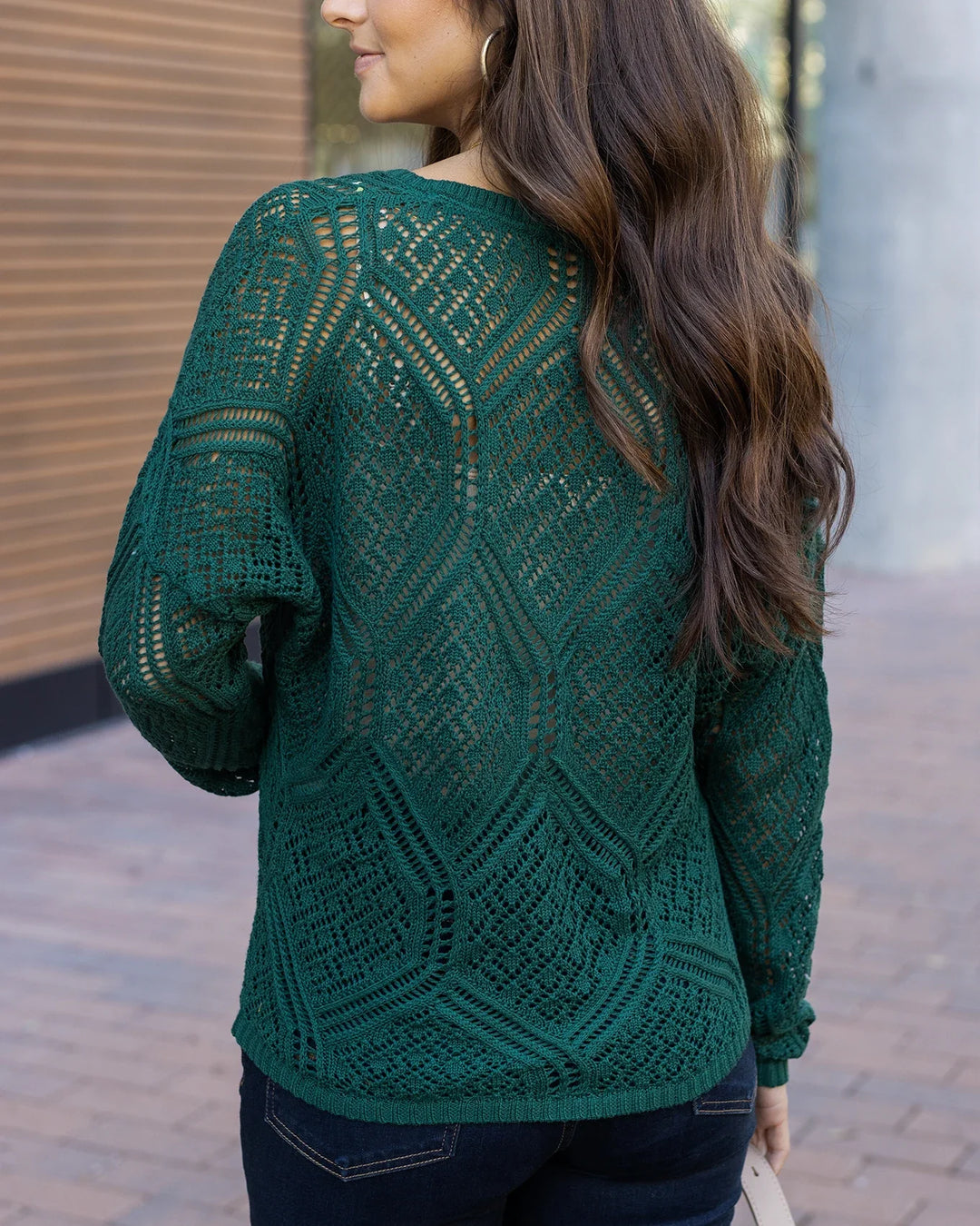 V-Neck Pointelle Open Knit Sweater in Jade Green