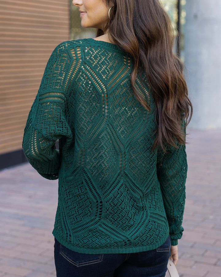 V-Neck Pointelle Open Knit Sweater in Jade Green