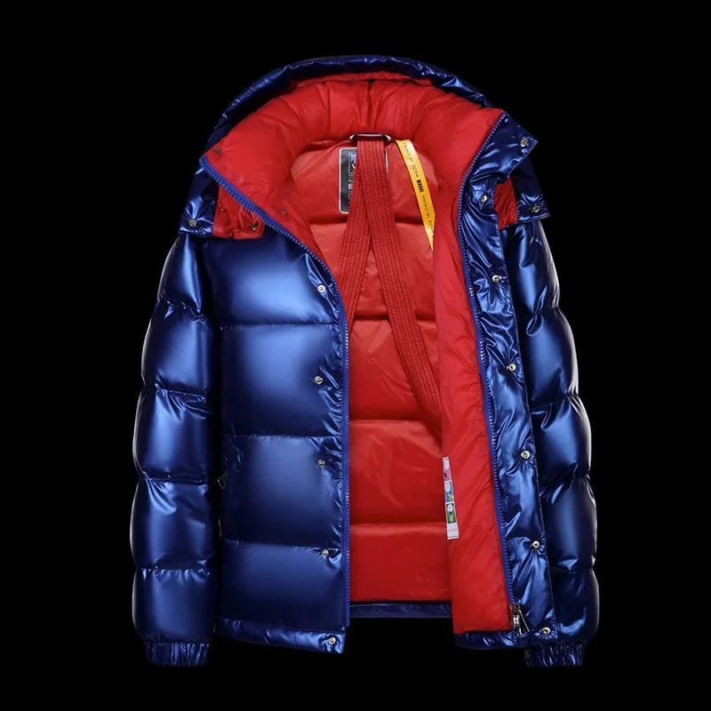 Men's Glossy Blue Hooded Puffer Jacket with Contrast Red Lining