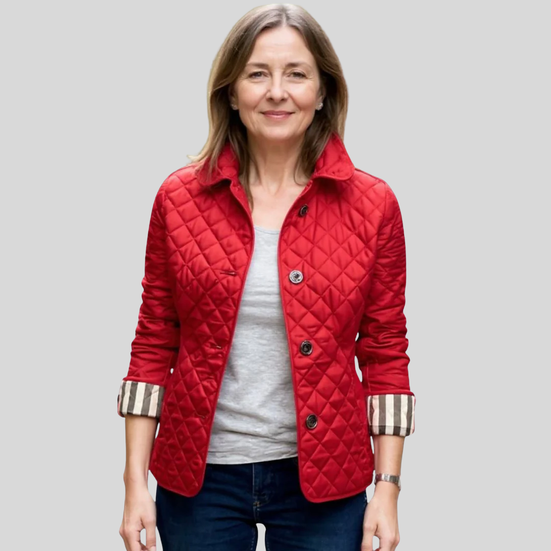 Women's Lightweight Quilted Jacket with Stand Collar and Plaid Cuff Lining